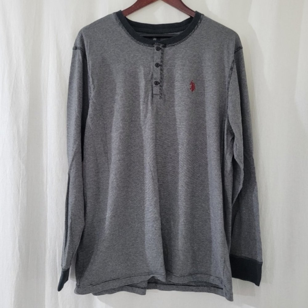 U.S. Polo Assn. Black/Grey Striped Scoop Neck Long Sleeve Shirt Men's Size XL